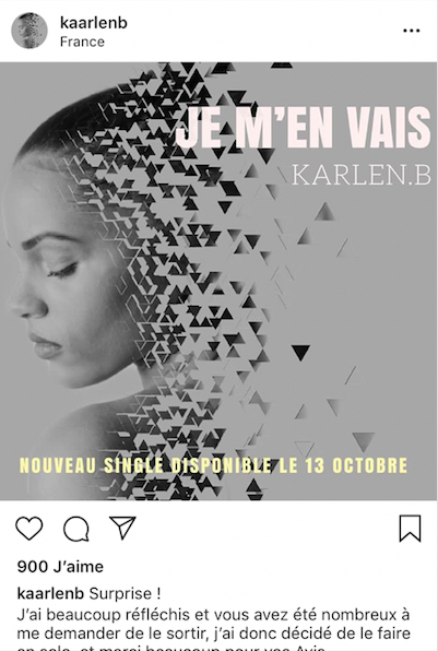 Karlen B l'annonce sur son compte Instragram : son 2e single sortira le 13 octobre 