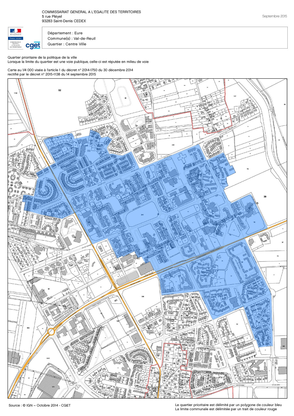 Quartier prioritaire de la politique de la ville - Val-de-Reuil - Le quartier prioritaire apparaît en bleu sur l'image