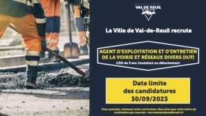 Offre d'emploi - agent d'exploitation de voirie et réseaux divers (H/F) - CDD 3 ans /mutation ou détachement - date limite des candidatures 30/09/2023