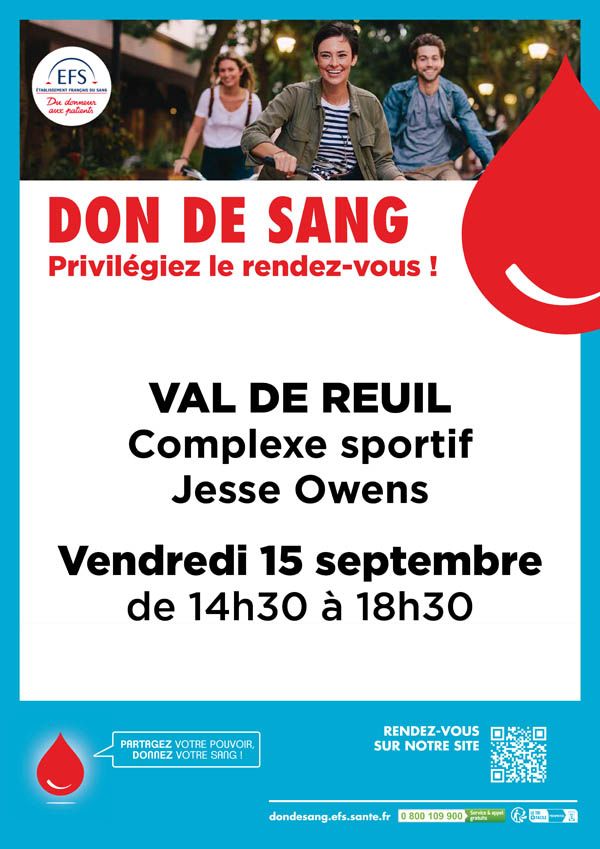 Don de sang 15 septembre - 14h30 -18h30 - Stade Jesse Owens