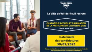 Val-de-Reuil recrute un(e) Chargé(e) d'accueil et d'animation de la participation citoyenne (H/F)