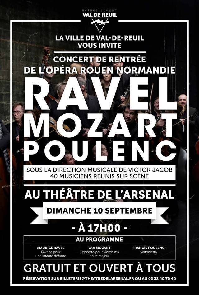 La Ville de Val-de-Reuil vous invite dimanche 10 septembre 2023 à partir de 17h au théâtre de l'Arsenal pour assister au concert de rentrée de l'Opéra de Rouen Normandie.