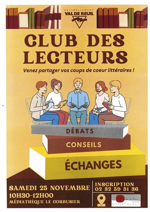 Club des lecteurs de la Médiathèque Le Corbusier, samedi 25 novembre de 10h30 à 12h.