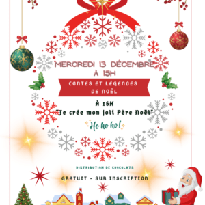 Contes de Noël à la médiathèque mercredi 13 décembre 2023 à 15h.