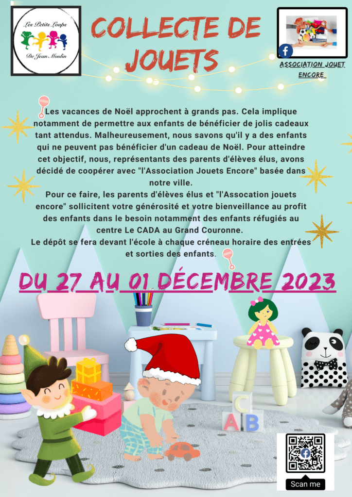L'association des parents d'élèves de l'école Jean Moulin organise une collecte de jouets à destination des enfants dans le besoin du 27 novembre au 1er décembre 2023.