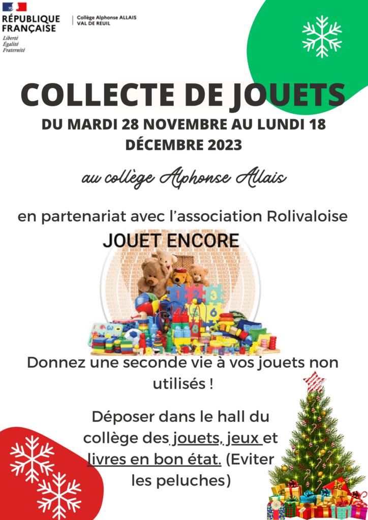 collecte jouets au collège Alphonse Allais du 28 novembre 18 décembre 2023.