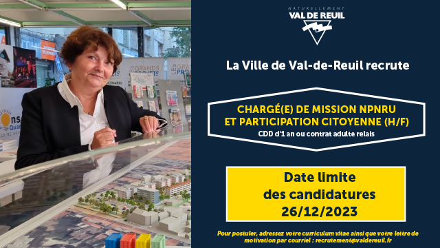 Val-de-Reuil recrute un chargé de mission NPNRU et participation citoyenne (H/F).