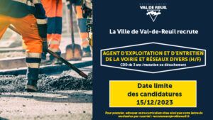 Val de Reuil recrute un agent d'exploitation et d'entretien de la voirie et réseaux divers (H/F)