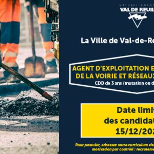 Val de Reuil recrute un agent d'exploitation et d'entretien de la voirie et réseaux divers (H/F)