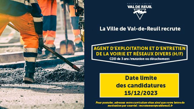 Val de Reuil recrute un agent d'exploitation et d'entretien de la voirie et réseaux divers (H/F)