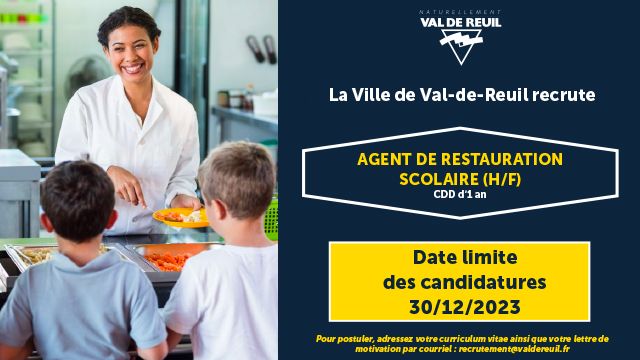 La Ville de Val-de-Reuil recrute un agent de restauration scolaire (H/F).