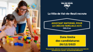 Val-de-Reuil recrute un assistant maternel pour la crèche familial (H/F).