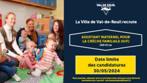 Val-de-Reuil recrute un assistant maternel pour la crèche familiale (H/F).