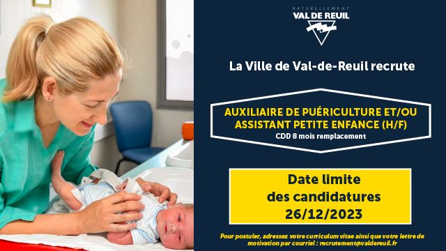 Val-de-Reuil recrute un auxiliaire de puériculture et/ou assistant petite enfance (H/F).