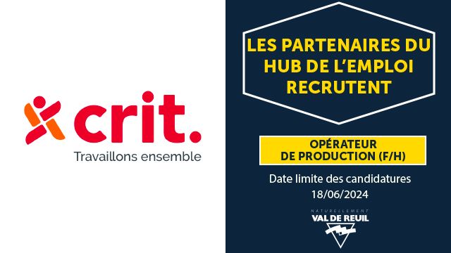 Les partenaires du Hub : CRIT Saint-Aubin-lès-Elbeuf recrute un opérateur de production (F/H).