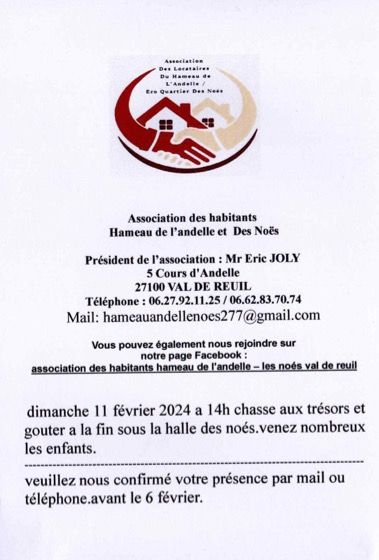 L'association des habitants du Hameau de l'Andelle et des Noés organise une Chasse au trésor dimanche 11 février de 14h à 17h sous la halle de l'écoquartier.