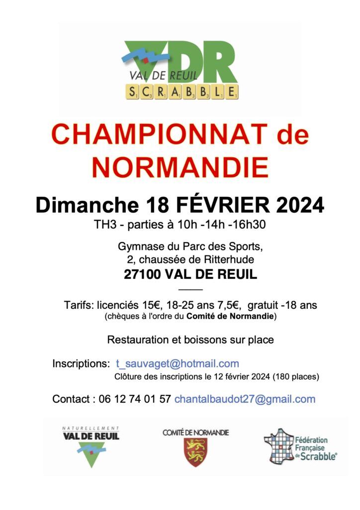 L'association Val-de-Reuil Scrabble accueille les championnats de Normandie de Scrabble dimanche 18 février de 10h à 18h au gymnase du Parc.