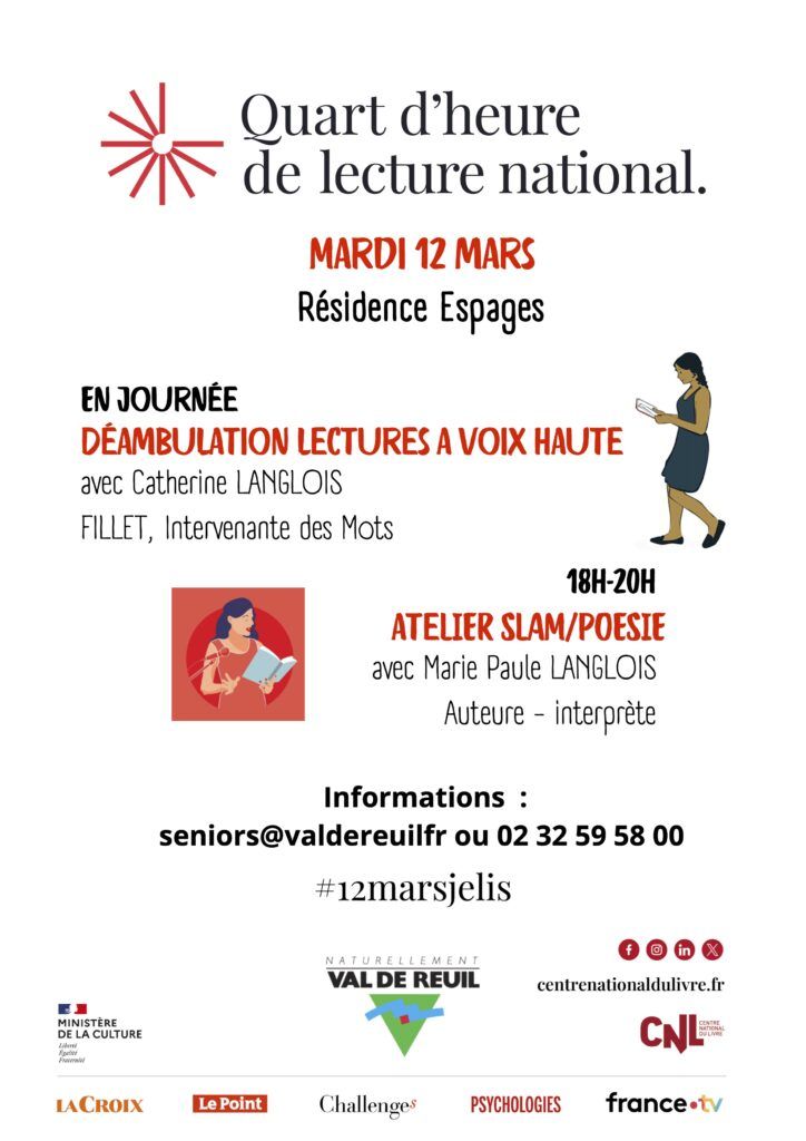 Le Centre national du livre (CNL) en collaboration avec le ministère de l’Éducation nationale et de la Jeunesse et l’ensemble de ses partenaires invite, pour la troisième édition, à un « quart d’heure de lecture » national, le mardi 12 mars 2024.