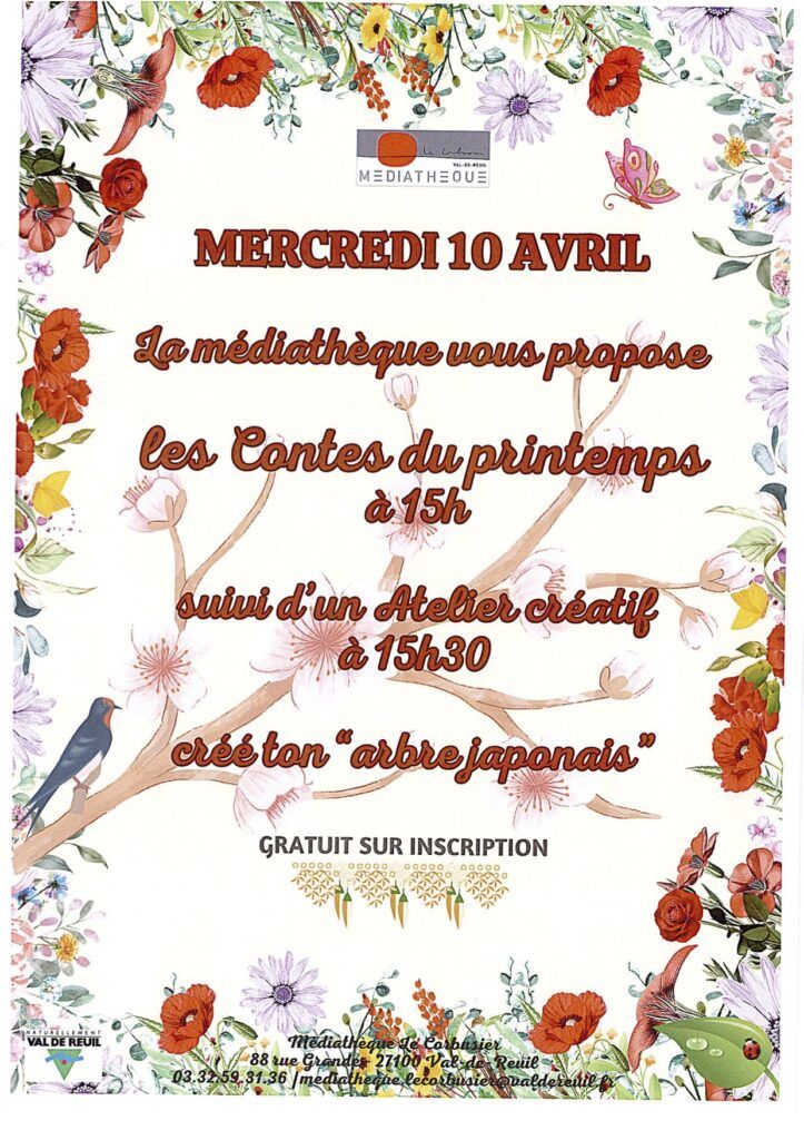 La médiathèque propose des contes sur le printemps mercredi 10 avril de 15h à 16h.