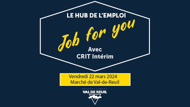 Le Hub de l'emploi et Crit intérim seront présent sur le marche de Val-de-Reuil, place des 4 Saisons, vendredi 22 mars de 13h30 à 16h30.