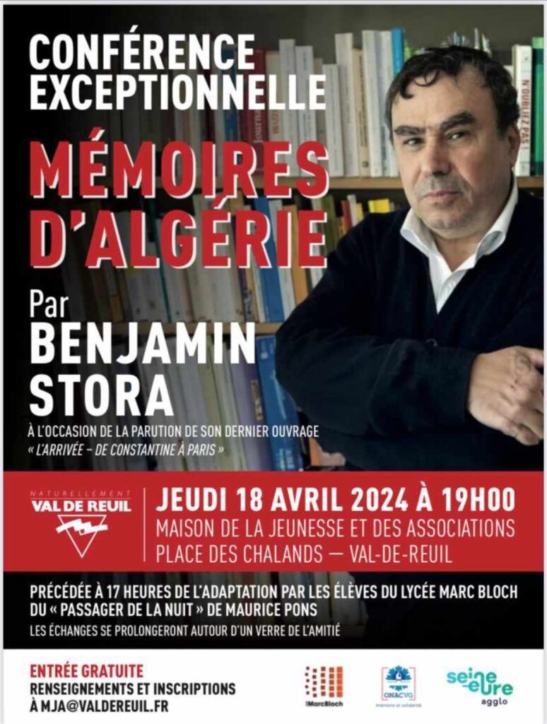 Conférence exceptionnelle avec Benjamin Stora sur les Mémoires de l'Algérie, jeudi 18 avril de 19h à 20h30 à la Maison de la Jeunesse et des Associations.