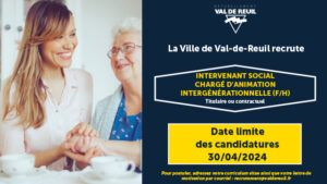 Val-de-Reuil recrute un INTERVENANT SOCIAL CHARGÉ D’ANIMATION INTERGÉNÉRATIONNELLE (F/H)