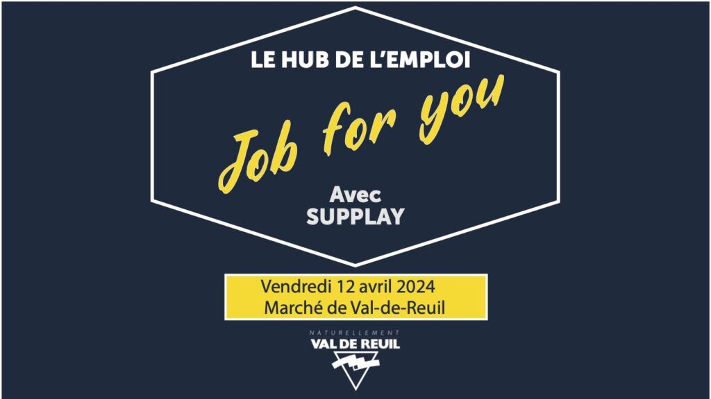 Le Hub de l'emploi organise une journée de recrutement avec l'agence d'interim Supplay vendredi 12 avril de 13h30 à 16h30 sur la place des 4 Saisons.