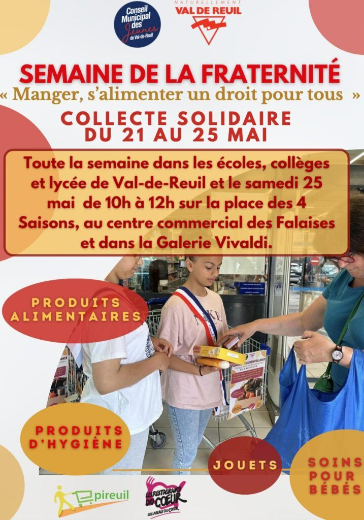 Samedi 25 mai de 10h à 12h, collecte solidaire du Conseil Municipal Jeunes (CMJ).