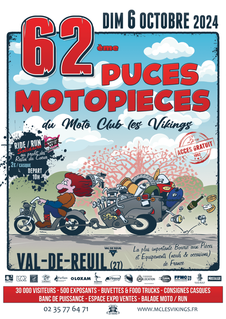 La plus grande bourse moto de France organisé par le moto club Les Vikings revient sur le devant de la scène à Val-de-Reuil, dimanche 6 octobre 2024 de 8h à 17h30.