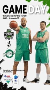 Match DBVR vs Mont Saint Aignan BC  - 13e journée du championnat Région Masculin 2 (RM2) Rendez-vous dimanche 26 Janvier 2025 à 15h30 au complexe sportif Gymnase Léo Lagrange (Route des Sablons, 27100 VAL-DE-REUIL). Accès libre et gratuit