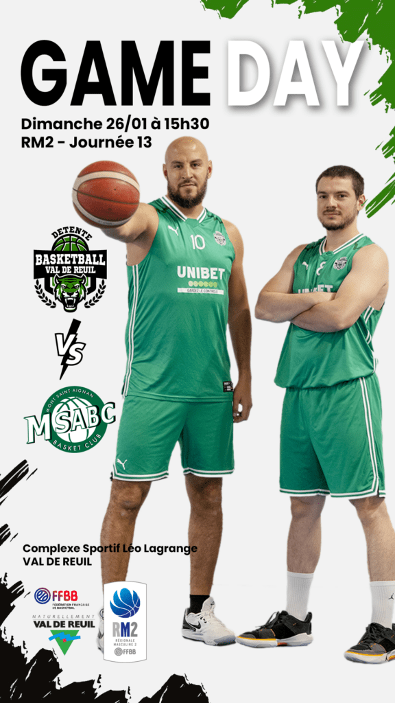 Match DBVR vs Mont Saint Aignan BC - 13e journée du championnat Région Masculin 2 (RM2) Rendez-vous dimanche 26 Janvier 2025 à 15h30 au complexe sportif Gymnase Léo Lagrange (Route des Sablons, 27100 VAL-DE-REUIL). Accès libre et gratuit