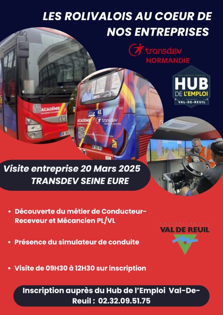 Les Rolivalois au cœur des entreprises Visite de l’entreprise Transdev Seine Eure. Découvrez les coulisses de l'entreprise ! Lieu : Transdev Seine-Eure, Rue de Léry - Zone des 4 Acres, 27400 Incarville Date & Heure : jeudi 20 mars 2025 de 9h30 à 12h30
