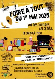 L'association des habitants du hameau de l'Andelle et des Noés organise une foire à tout jeudi 1er mai de 6h à 17h30 au niveau de la voie des coutures, zone activité des lacs, 27100 Val-de-Reuil.