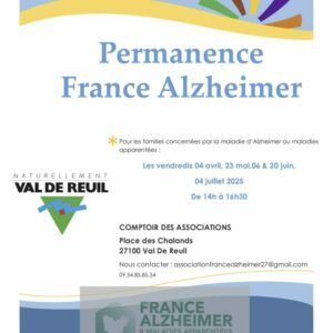 L’association France Alzheimer Eure est heureuse d’annoncer d'ouvrir des permanences à Val de Reuil au Comptoir des Associations (place des chalands, 27100 Val-de-Reuil) du vendredi 04 avril au vendredi 04 juillet 2025 (1 permanence par mois) afin de soutenir les familles confrontées à la maladie d’Alzheimer et aux troubles apparentés.