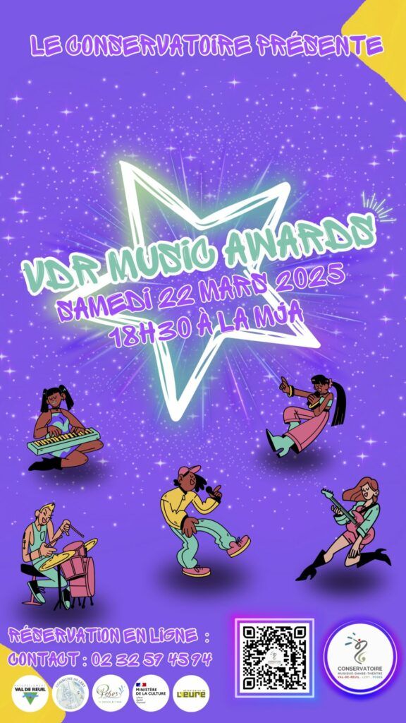 Le conservatoire de musique, danse et théâtre de Val-de-Reuil vous invite à la première édition des VDR Music Awards qui se tiendront à la Maison de la Jeunesse et des Associations (place des Chalands à Val-de-Reuil, 27100 Val-de-Reuil) le samedi 22 mars 2025 à partir de 18h30.