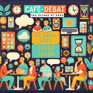 Venez participer à un café débat sur le thème de l'utilisation des écrans samedi 5 avril 2025 de 14h à 16h à la médiathèque Le Corbusier.
