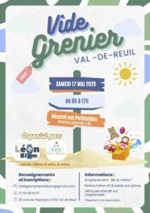 Le groupe scolaire Léon Blum, en association avec le centre de loisirs de la trésorerie et l'association de parents d'élèves de Léon Blum organise leur vide grenier annuel au sein du groupe scolaire Léon Blum (35 voie de l'épargne) samedi 17 mai 2025.