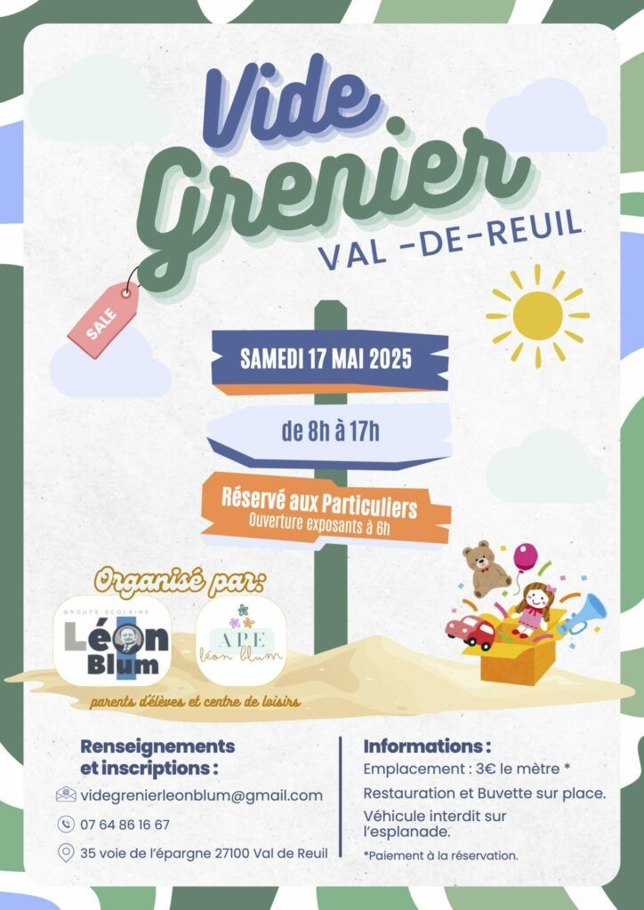 Le groupe scolaire Léon Blum, en association avec le centre de loisirs de la trésorerie et l'association de parents d'élèves de Léon Blum organise leur vide grenier annuel au sein du groupe scolaire Léon Blum (35 voie de l'épargne) samedi 17 mai 2025.