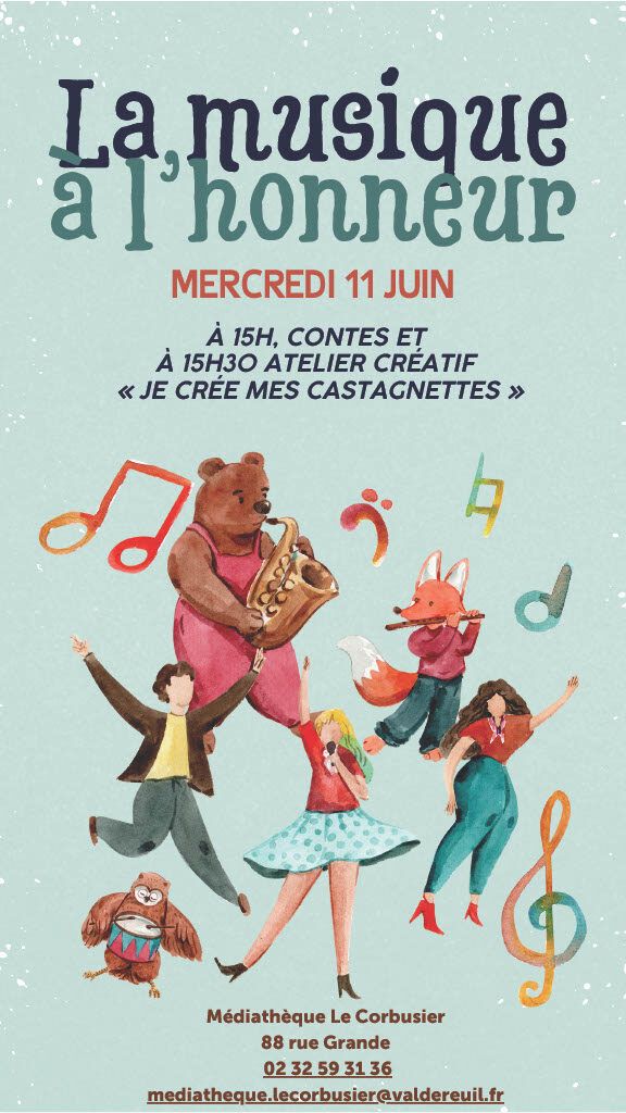 Mercredi 11 Juin, la médiathèque Le Corbusier met à l'honneur La Musique avec à 15h, des contes et histoires et à 15h30, un atelier créatif : Je crée mes castagnettes.