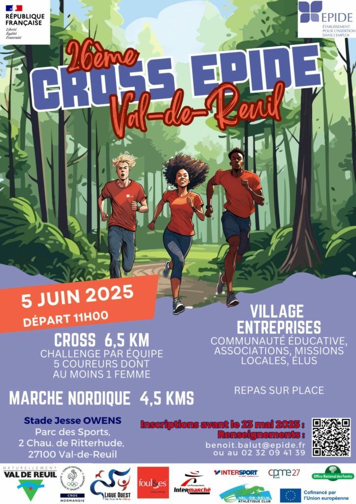 Le Cross EPIDE de Val-de-Reuil revient pour sa 26ème édition le jeudi 5 juin 2025 au Stade Jesse Owens de 10h à 15h30.