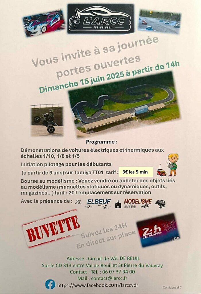 Le dimanche 15 juin, dès 14h, L'association Automobile Radio Commandée Crémonville organise une journée portes ouvertes dimanche 15 juin dès 14h sur le circuit de voitures radio-commandées de Val-de-Reuil (Route de St Pierre, 27100 Val-de-Reuil).