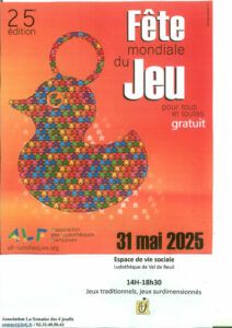 Samedi 31 mai pour la fête du jeu de 14h à 18h30 à l'espace de vie sociale/ludothèque de Val de Reuil. Au programme portes ouvertes de la ludothèque et jeux en bois à l'extérieur.