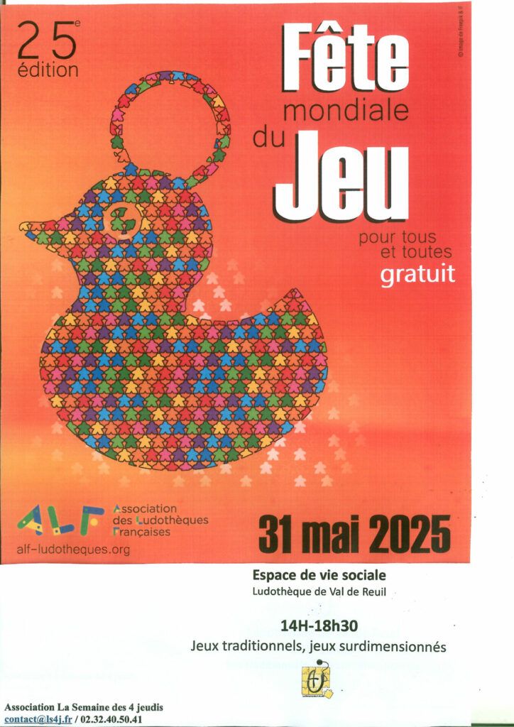 Samedi 31 mai pour la fête du jeu de 14h à 18h30 à l'espace de vie sociale/ludothèque de Val de Reuil. Au programme portes ouvertes de la ludothèque et jeux en bois à l'extérieur.