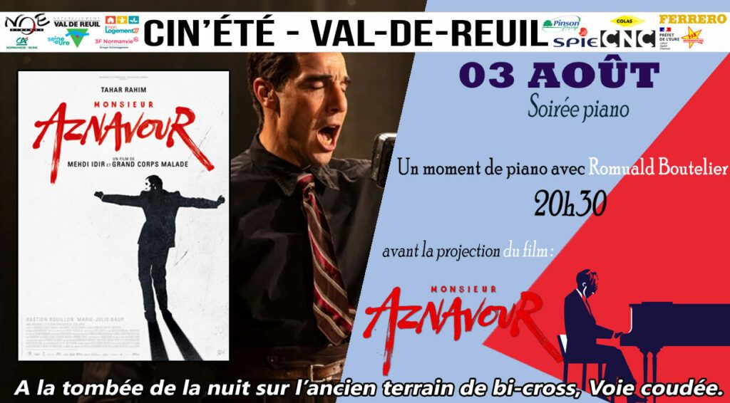 L'association Sous le Soleil Exactement vous propose une ouverture en musique avec le pianiste Romuald Boutelier avant la projection du film "Monsieur Aznavour", de Mehdi Idir et Grand Corps Malade, dimanche 3 août à partir de 20h30 face à la plaine Saint-Jean.