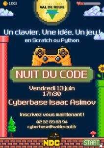 La Nuit du Code arrive à la Cyberbase de Val-de-Reuil ! Un événement gratuit et ludique, ouvert à toutes et tous, pour plonger dans la création de jeux vidéo en Scratch ou Python.