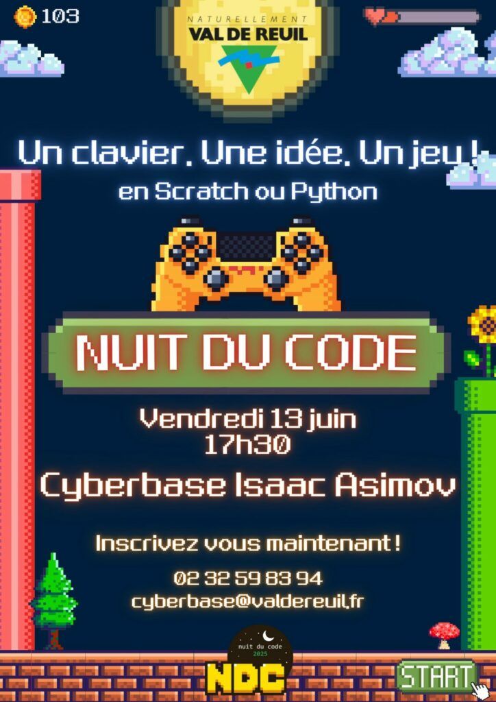La Nuit du Code arrive à la Cyberbase de Val-de-Reuil ! Un événement gratuit et ludique, ouvert à toutes et tous, pour plonger dans la création de jeux vidéo en Scratch ou Python.