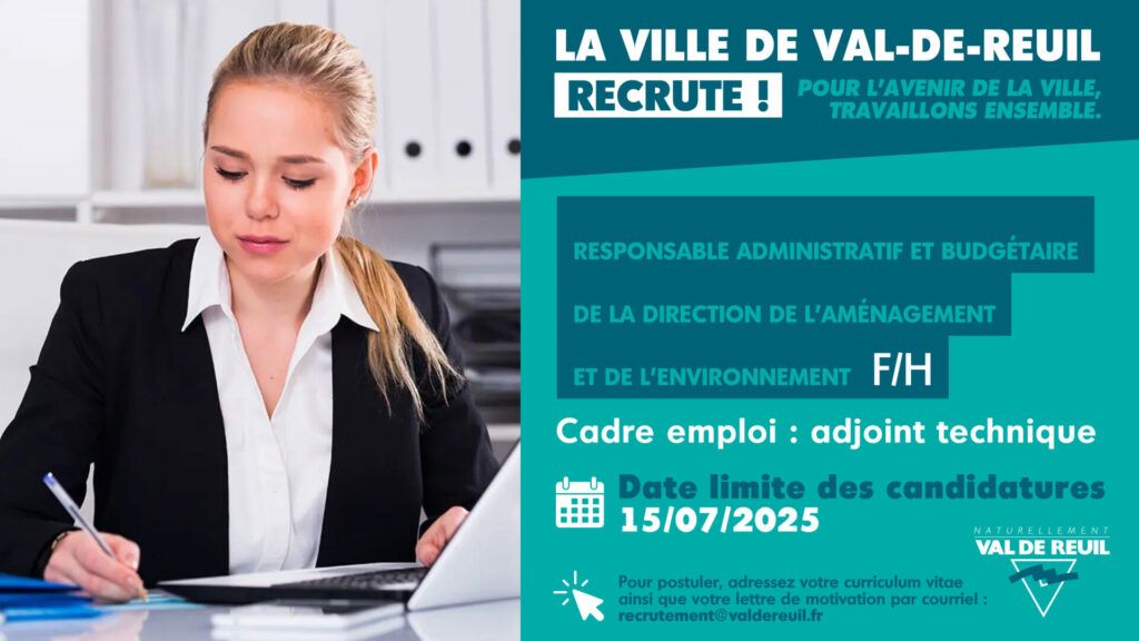La Ville de Val-de-Reuil recrute un responsable administratif et budgétaire de la direction de l'aménagement et de l'environnement (F/H).