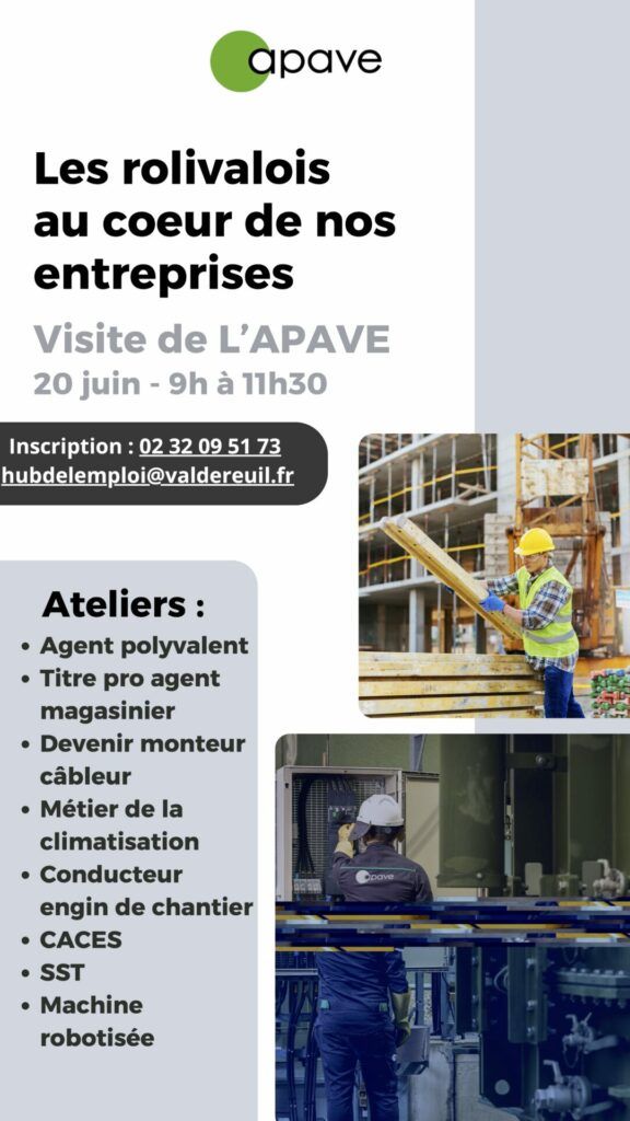 Dans le cadre de l’action « Les Rolivalois au cœur des entreprises », nous avons le plaisir de vous proposer une nouvelle édition d’ateliers découverte métiers en partenariat avec le centre de formation APAVE, vendredi 20 juin 2025 de 9h à 11h30.