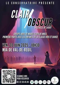 Le conservatoire de danse, musique et théâtre de Val-de-Reuil vous invite à découvrir "Clair obscur", le spectacle de chant du groupe ados de Marie-Clotilde Moes, avec en première partie les enfants de la classe voix et danse vendredi 20 juin 2025 de18h30 à 20h30 à la Maison de la Jeunesse et des Associations (MJA).