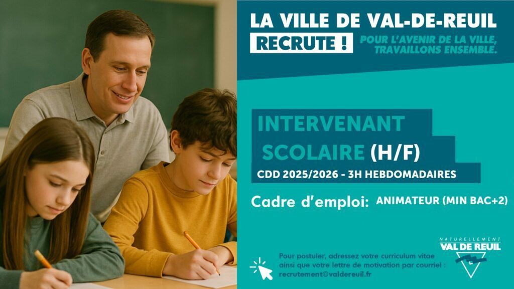 La Ville de Val-de-Reuil recrute un intervenant CLAS pour l'année scolaire 2025 - 2026.